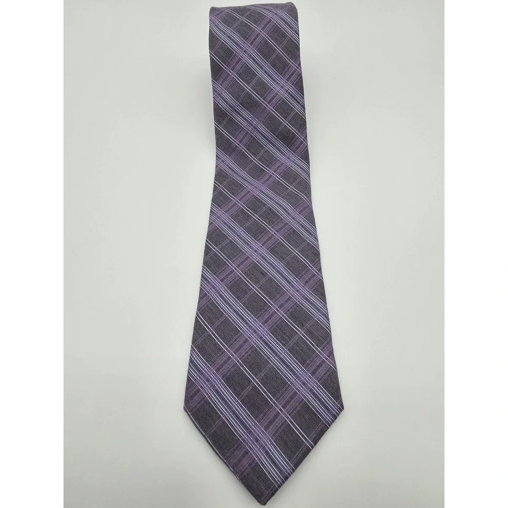 Kenneth Cole Awareness Gray Purple Plaid Pattern Designer Tie 58